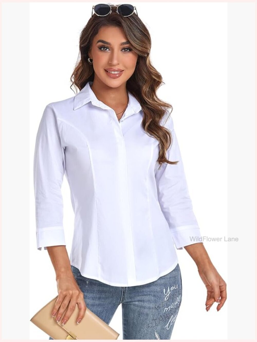 Women's 3/4 Sleeve Button Down Blouse Business Casual Work Shirt Slim Fit
